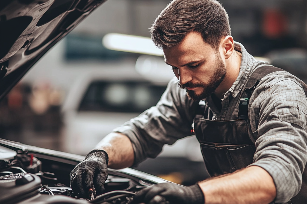 un homme travaillant sur une voiture
