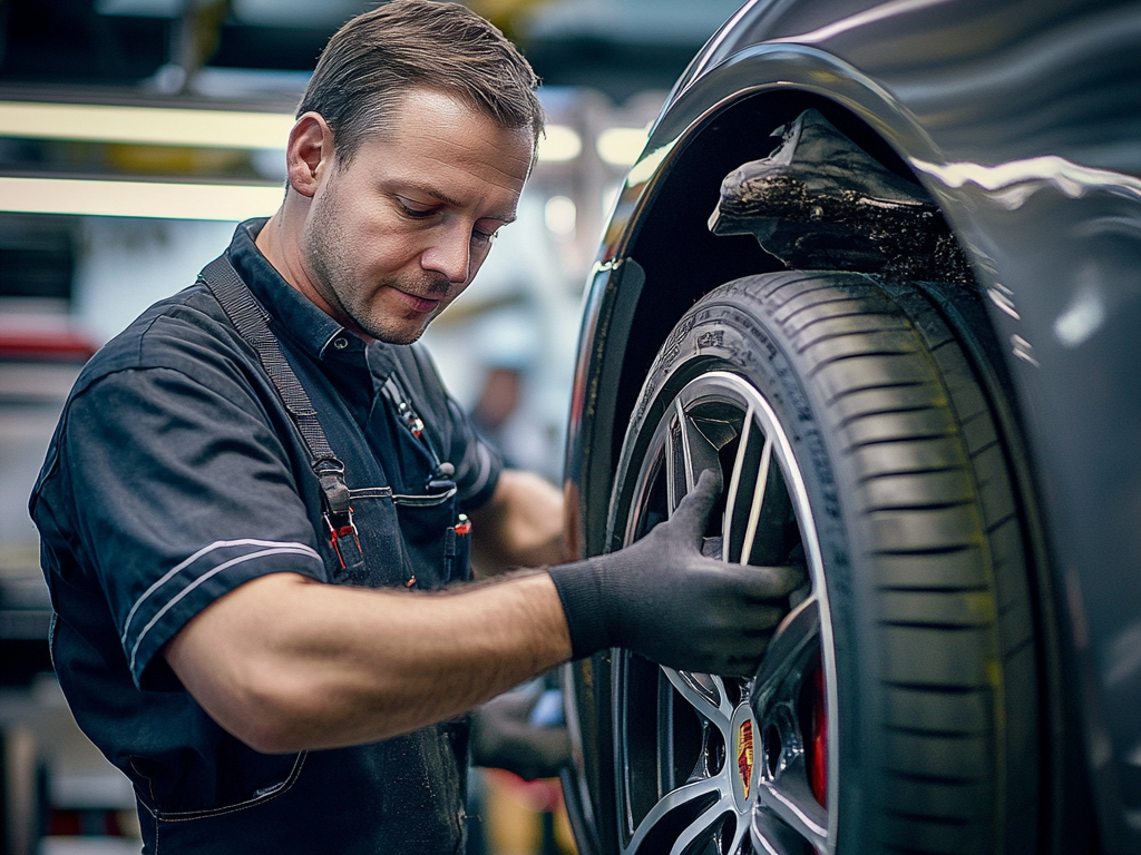 un homme réparant un pneu