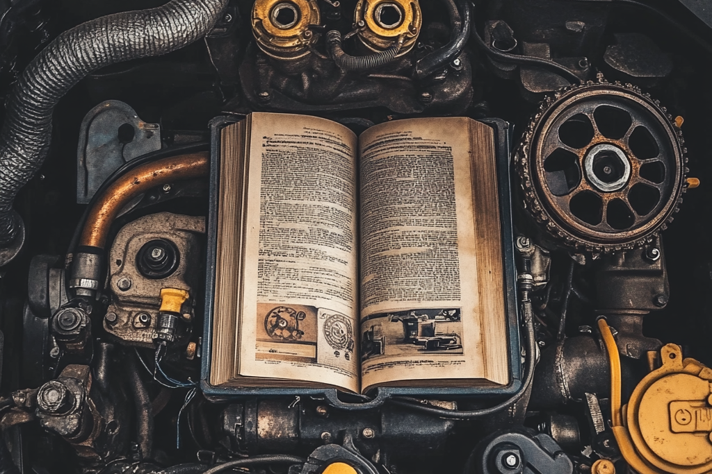 un livre ouvert à l'intérieur d'un moteur de voiture