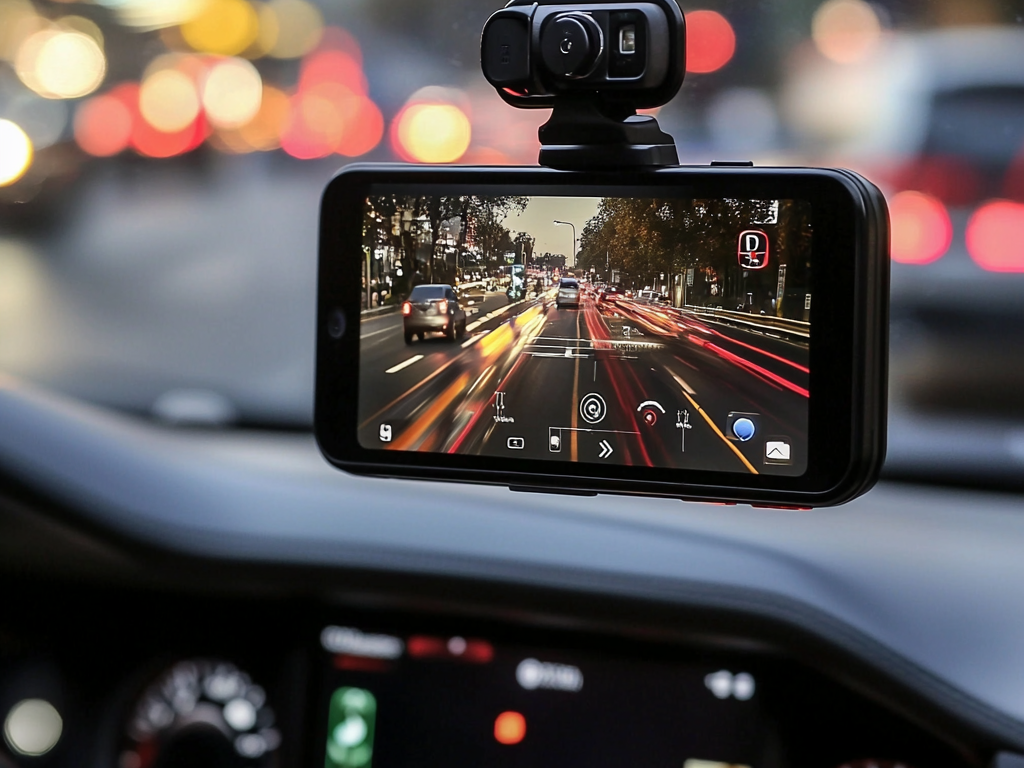 un tableau de bord de voiture avec une caméra dessus