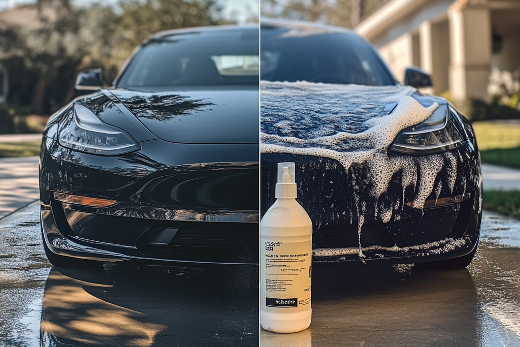 une voiture noire avec une bouteille de savon blanche sur le devant
