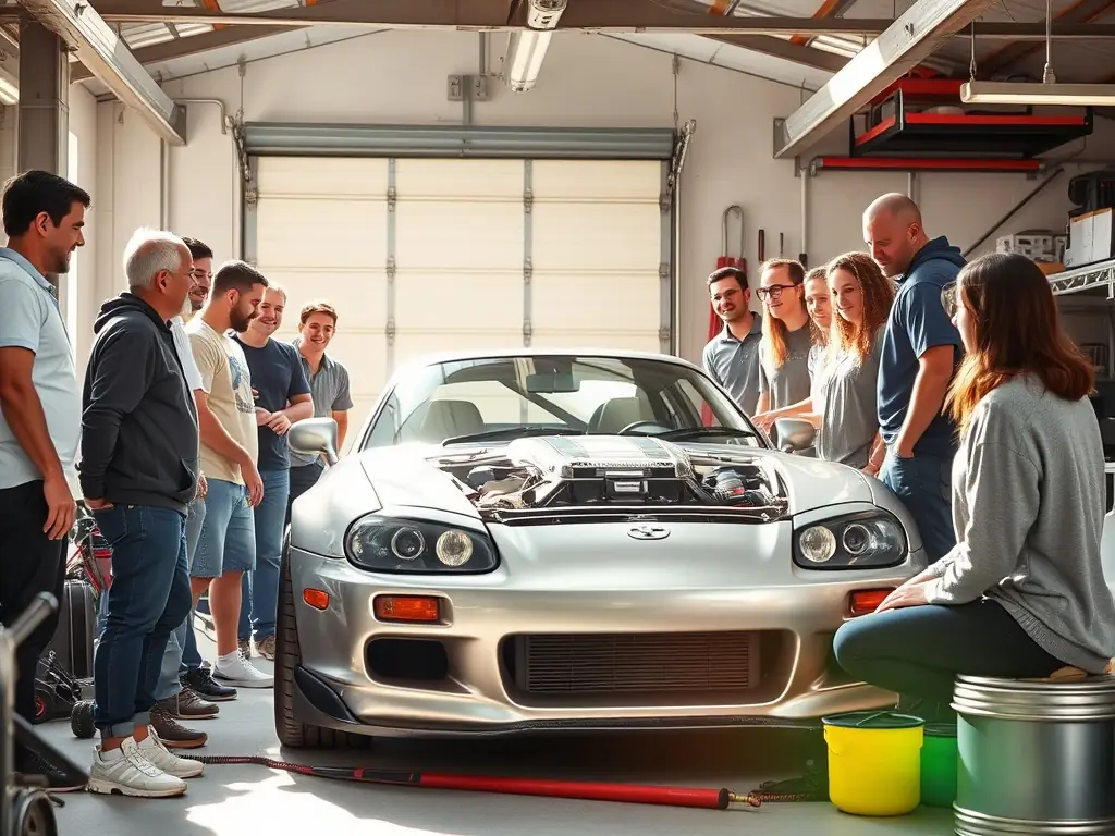 A group of automotive enthusiasts discussing around a modified car in a garage.