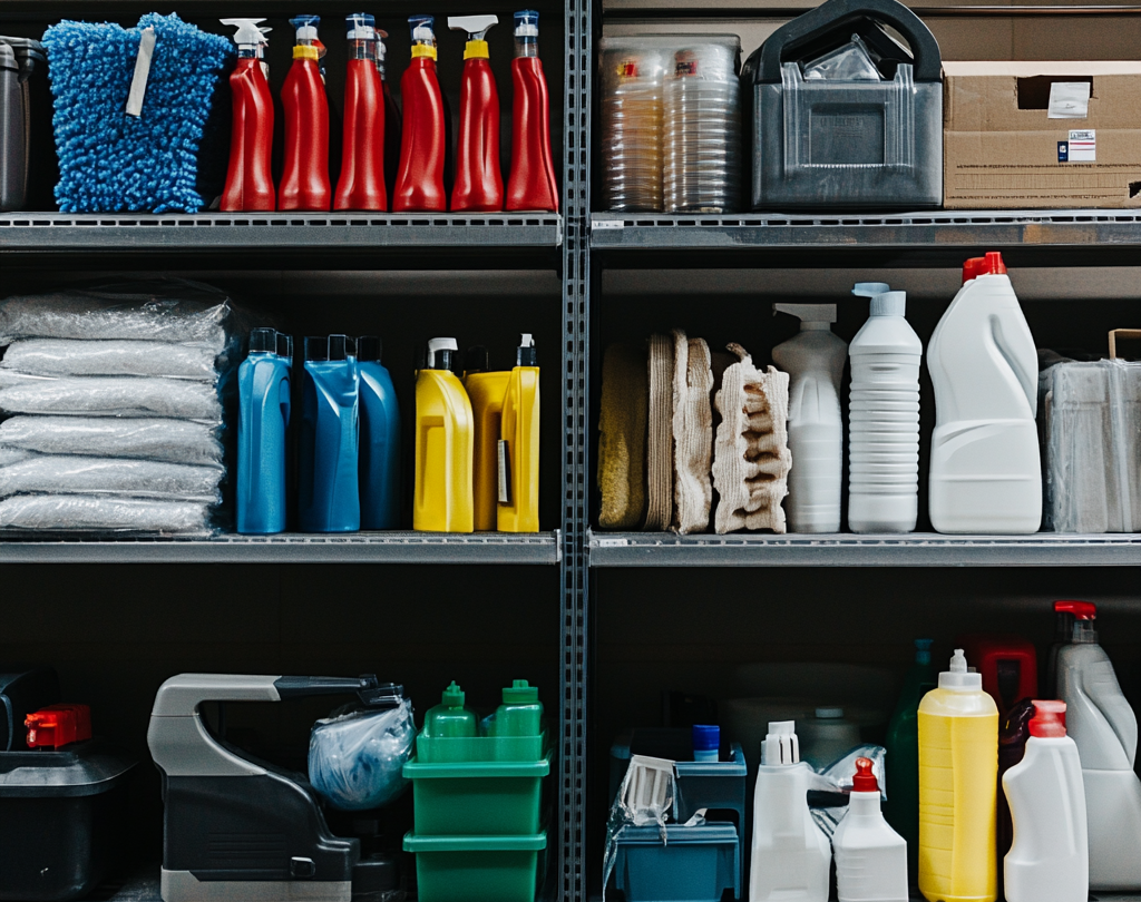 étagères d'un magasin avec des étagères pleines de produits de nettoyage